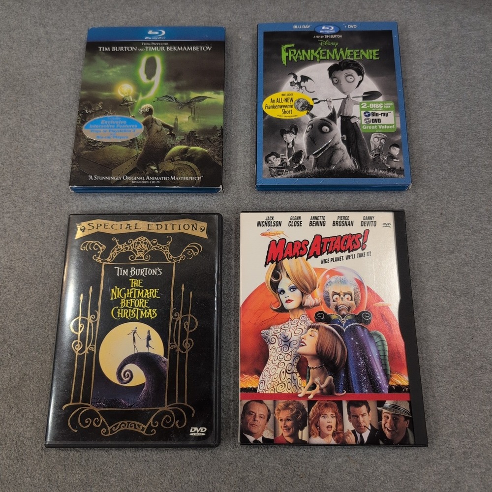 Tim Burton 4 Movie Lot 9 Frankenweenie Nightmare Before Christmas Mars Attacks - Picture 1 of 2